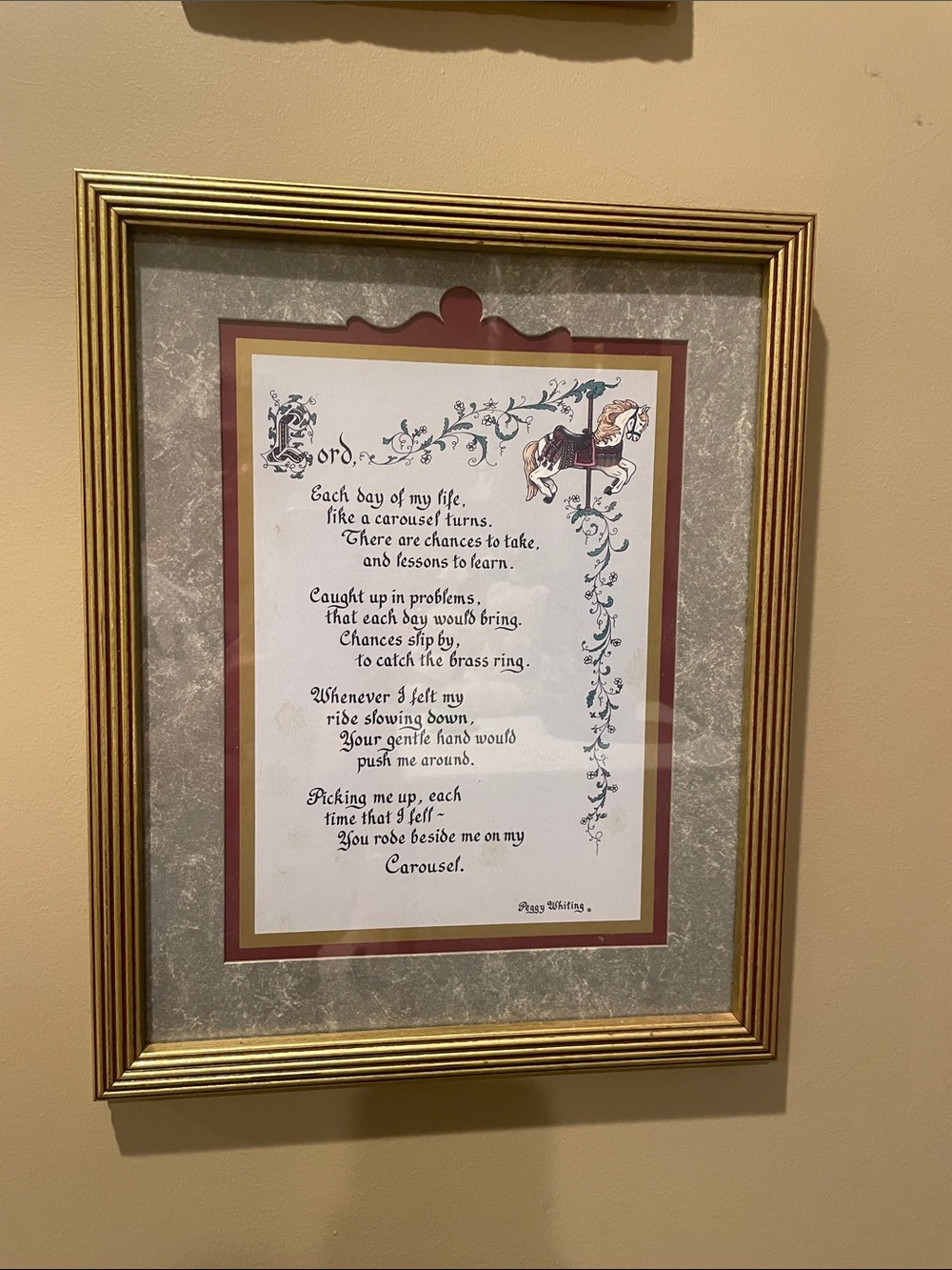 Framed Carousel Poem Wall Art - Gold Frame, Maroon & gold Mat